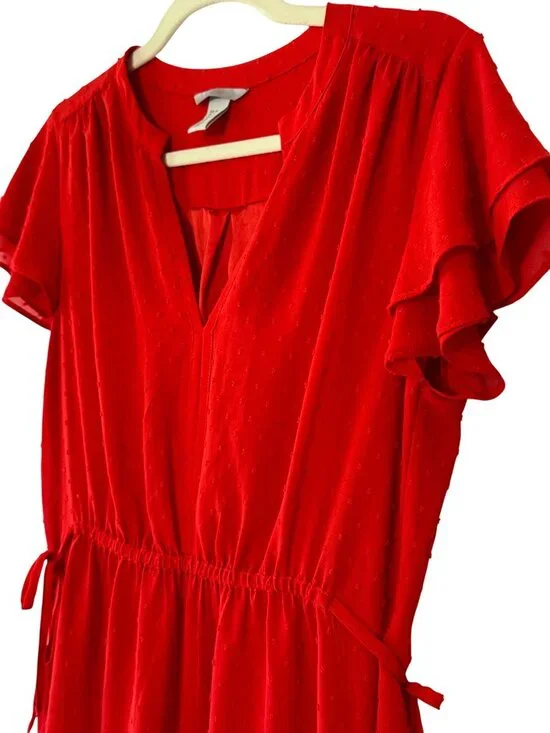 HM Red Swiss Dot Flutter Sleeve Dress Size 8 Fit and Flare Lined Mini Midi - Picture 4 of 10